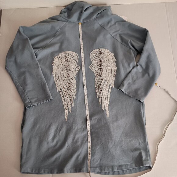 Tempo Paris Blue Sequin Angel Wing Hooded Open Front Cover Women’s Size M-L NWT - Picture 10 of 15